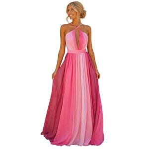 Pink Lily Colorblock Maxi Dress Open Back Halter Pink Ombre M